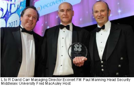 L to R David Carr Managing Director Ecovert FM Paul Manning Head Security Middlesex University Fred MacAuley Host
